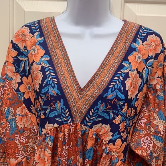 Made With ❤️ Dress Tunic Top V Neck 3/4 Sleeves Elastic Floral Orange Blue XXL - Picture 3 of 10